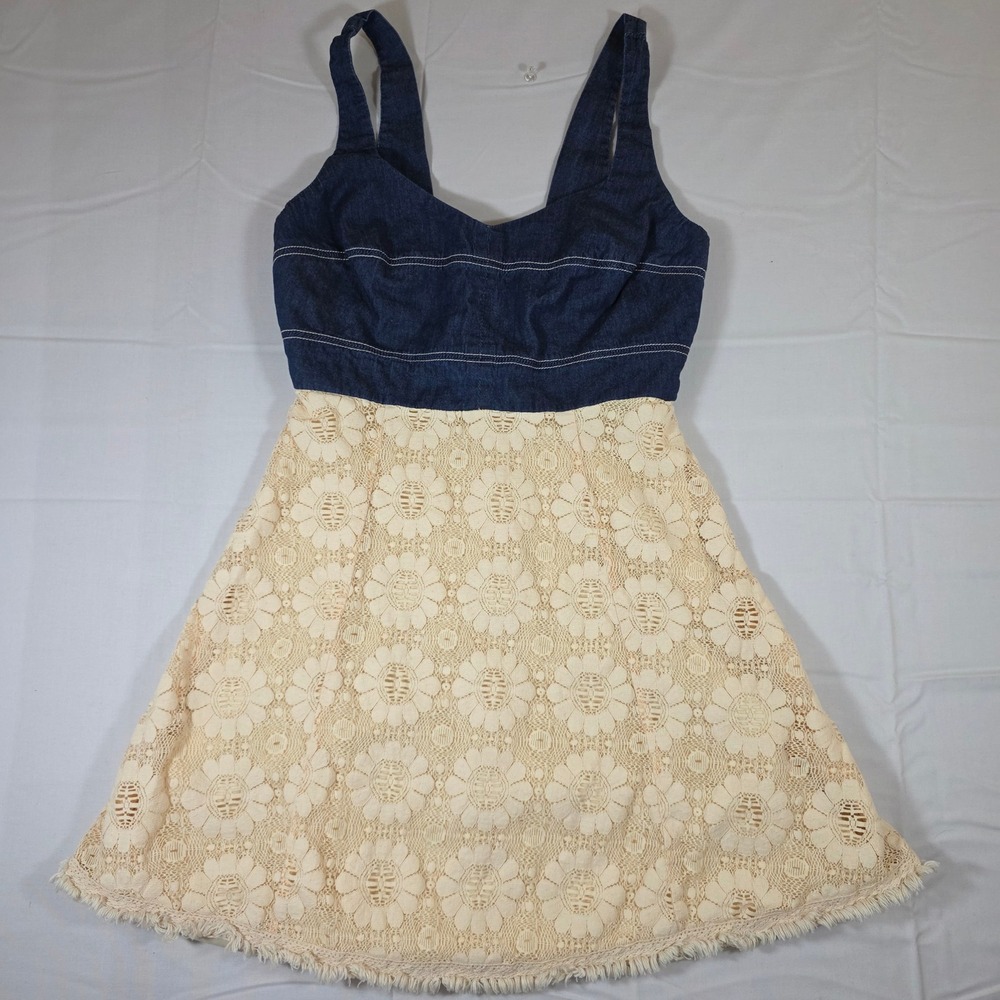Vintage Denim and Floral Lace Fit and Flare Mini Dress Blue Cream Boho